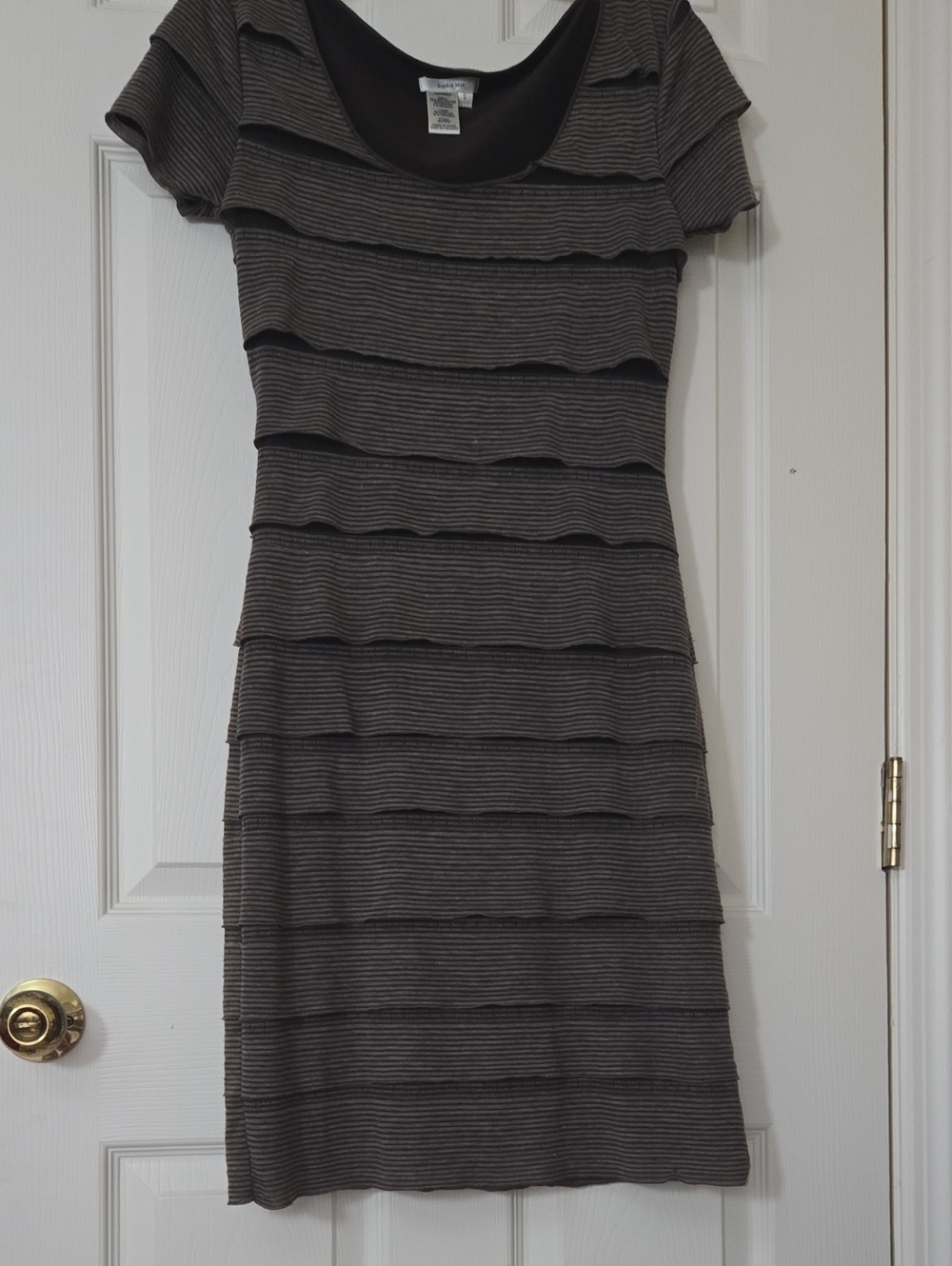 Sophie Max Short-Sleeve Striped Mini Dress in Brown.